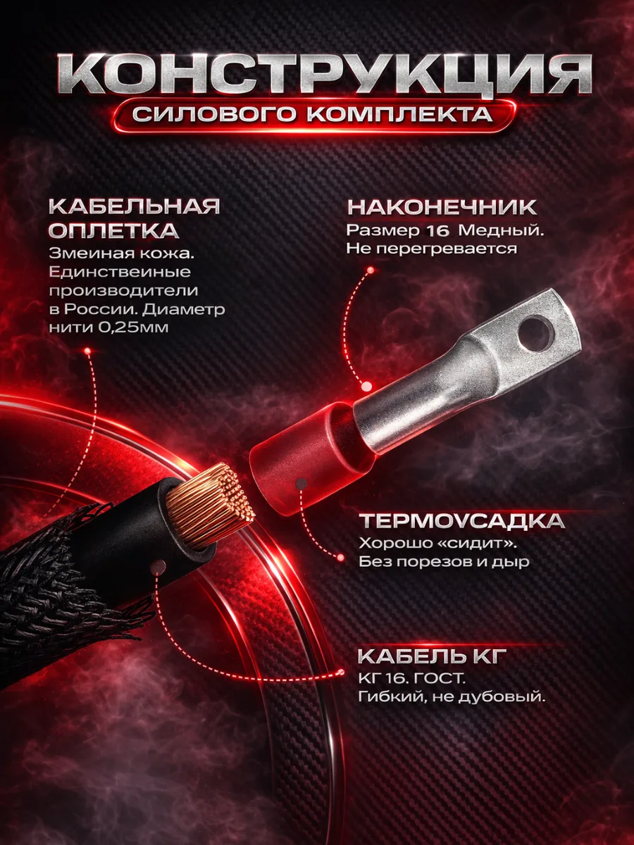 Комплект КГ 16 мм² (6 GA) для усилителя и сабвуфера, 1 м, красный, фото 2