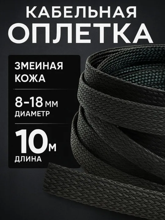 Кабельная оплётка змейка 8–18 мм, чёрная, 10 м